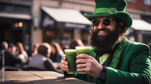 Bearded man dressed for St. Patrick's day celebration drinking beer photo