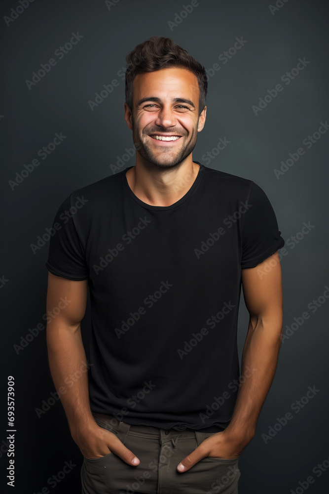 Homme souriant en T shirt noir sur fond gris