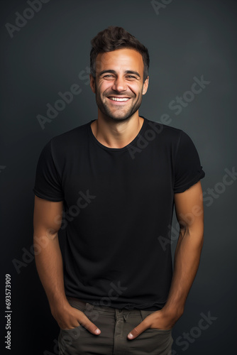 Homme souriant en T shirt noir sur fond gris