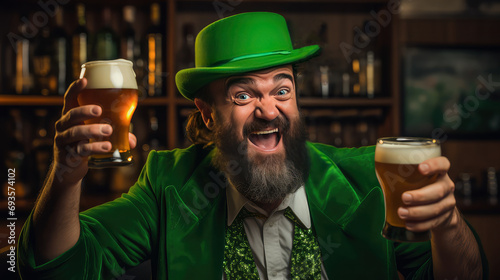 Bearded man dressed for St. Patrick's day celebration drinking beer