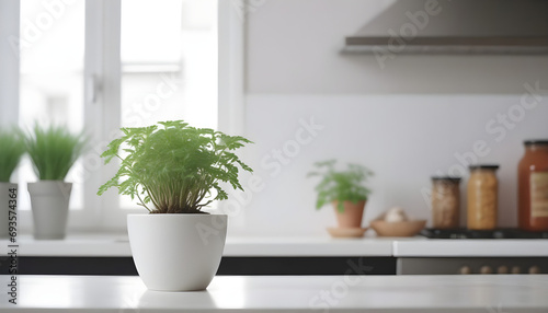 empty clean table in front of kitchen, modern interior design 