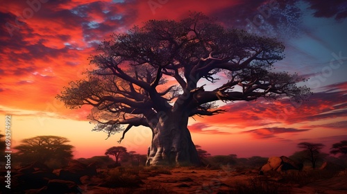 A dramatic baobab tree at dusk,