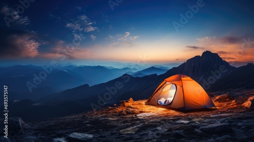 Camping tent high in the mountains 