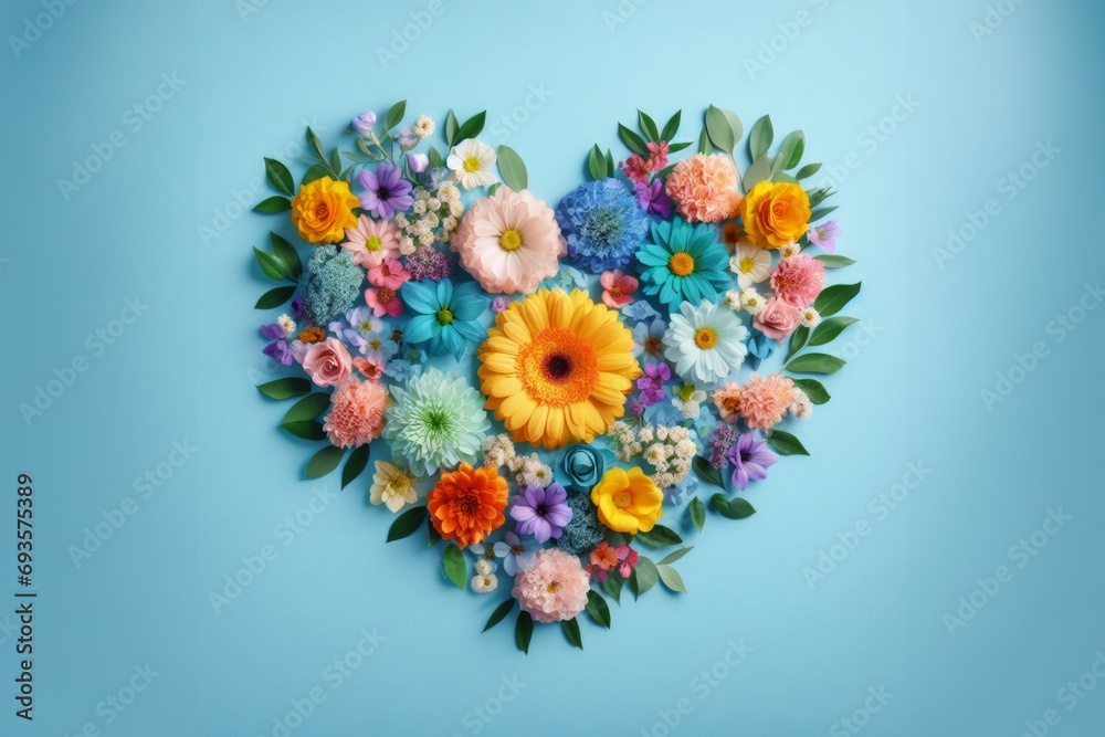 Floral composition in the shape of a heart. Background with selective focus with copy space