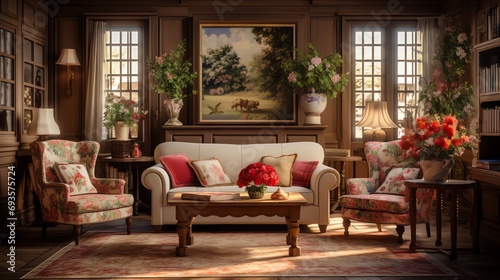 English Country Coziness with Floral and Wooden Accents. AI generated