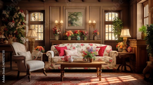 English Country Coziness with Floral and Wooden Accents. AI generated