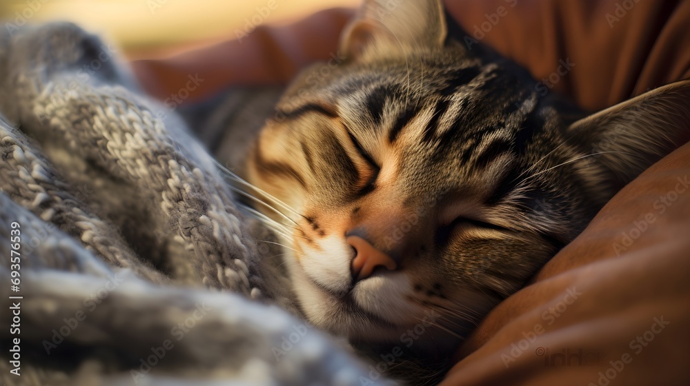 Affectionate tabby cat nestled in a cozy embrace, radiating warmth and companionship