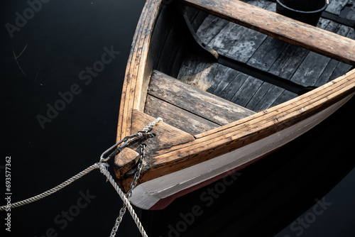 Bow of a vintage wooden boat.