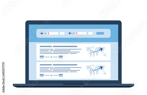 Flight search website on a laptop screen. Avia sale web site aggregator for buying tickets online. Search bar and results, flight options. Travel, journey, business trip. Vector illustration.