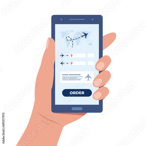 Hand holding phone with flight tickets online booking concept. Buying ticket with smartphone. Booking flights travel. Buy ticket online. Online registration. Vector illustration.