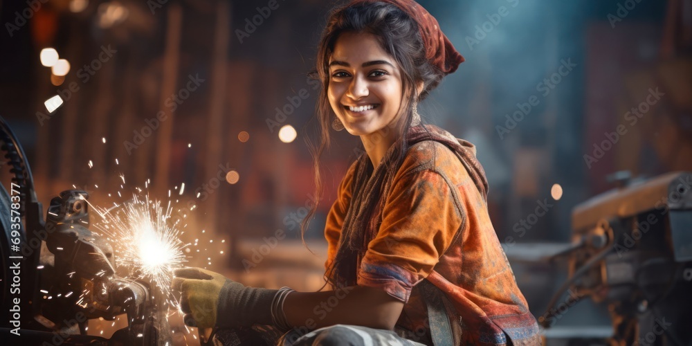 East Indian Woman Welder Occupation Career Attractive Setting Generative AI - obrazy, fototapety, plakaty 