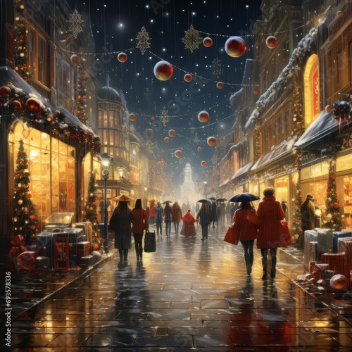 A city decorated with New Year's decorations, an illuminated street where people walk, a night scene.