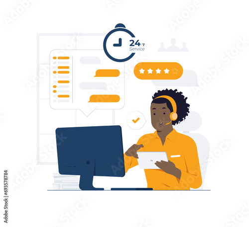 Black female customer support service agent phone operator with headset working in call center concept illustration