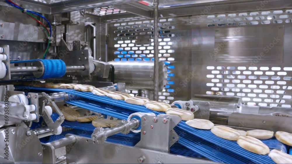 Conveyor line. Production line. Industrial processing. Automated food factory.