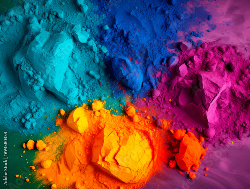 Colorful bright colors of Holi are scattered on the surface. Background of Holi colors.