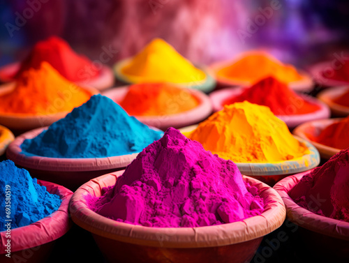 Multicolored Holi paints on plates