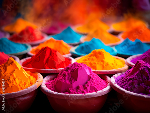 Multicolored Holi paints on plates