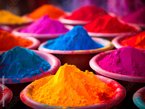 Multicolored Holi paints on plates 