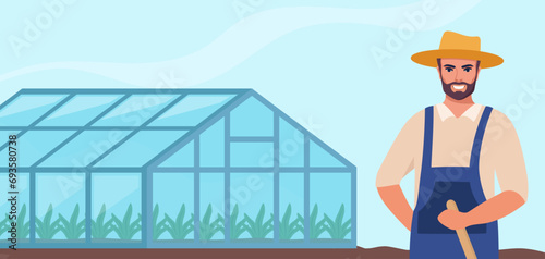 Farmer and greenhouse. Farming plant cultivation. Design for agriculture, horticulture or agronomy. Template for banner, poster, flyer. Vector illustration.
