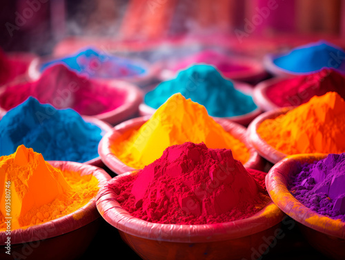 Multicolored Holi paints on plates