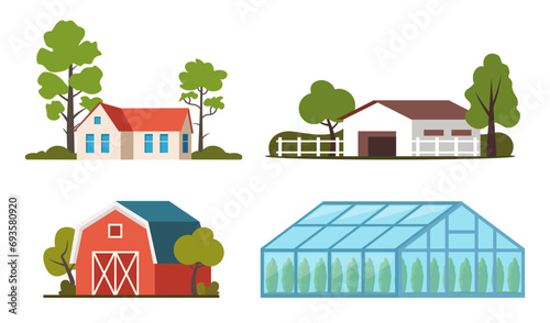 Farm building set. Village farmhouse, red barn, greenhouse, horse stable. Agriculture concept. Vector illustration.