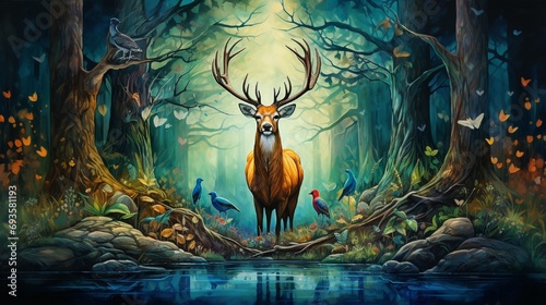 peacock and deers in one frame