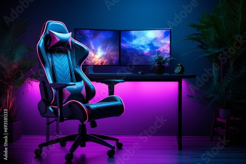 Powerful Personal Computer Gamer Rig with First-Person Shooter Game on Screen. Monitor Stands on the Table at Home. Cozy Room with Modern Design is Lit with Pink Neon Light. photo