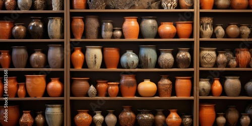Assorted ceramic pottery on shelves for interior decoration or craft photo