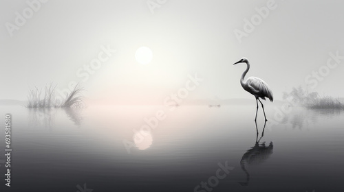 Flamingo Standing on Water Under Moon in Tan Monochrome