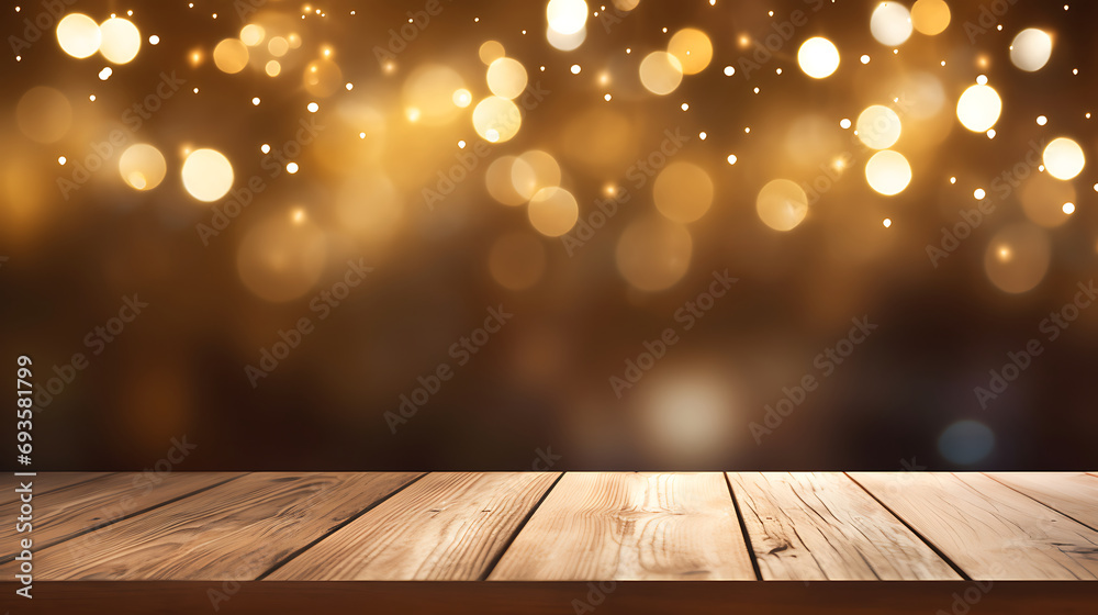 rustic wood table in front of christmas light night,abstract circular bokeh background. Generative Ai rustic wood table in front of christmas light night,abstract circular bokeh background. Generative Ai