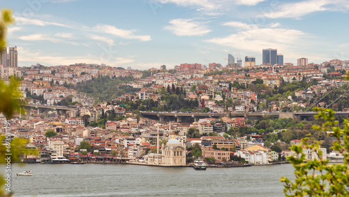 Aerial morning shot of Istanbul city from Fethi Pasha Grove overlooking Bosphorus strait, with Bosphorus Bridge in the far end, Istanbul, Turkey photo