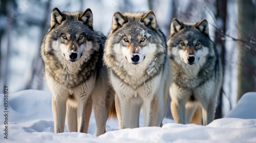 A pack of wild gray wolves in the winter forest © dwoow