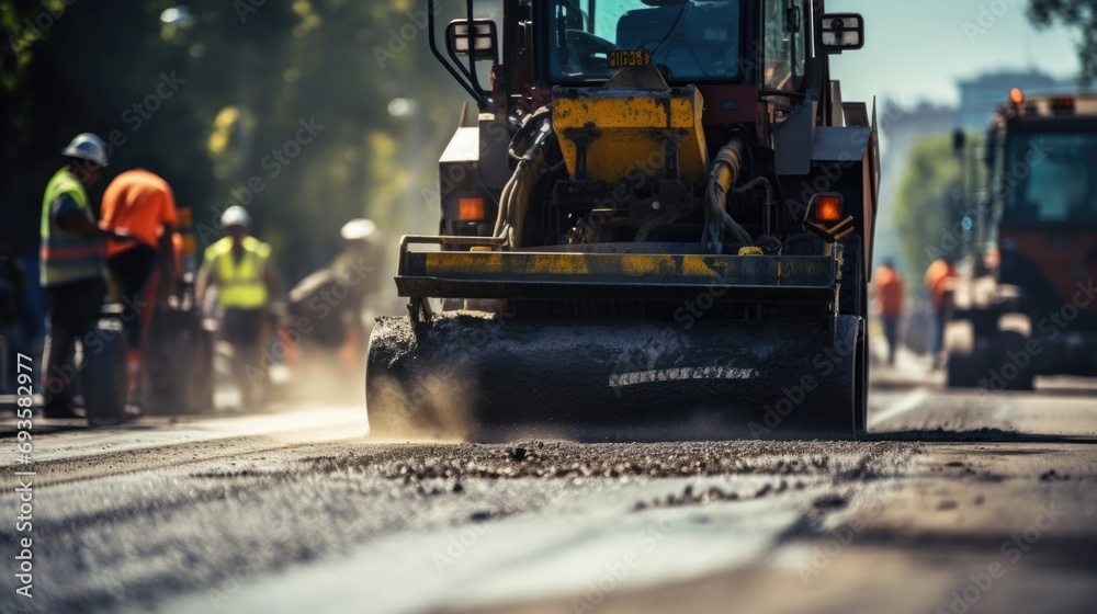 Close view on the road roller working on the new road construction site Close view on the road roller working on the new road construction site