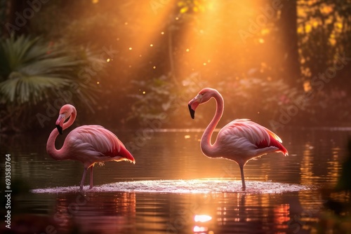 Flamingos in a serene lake at sunset suitable for wildlife and nature themes