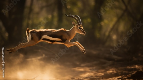 Antelope in Mid-Leap Through a Dusty Forest