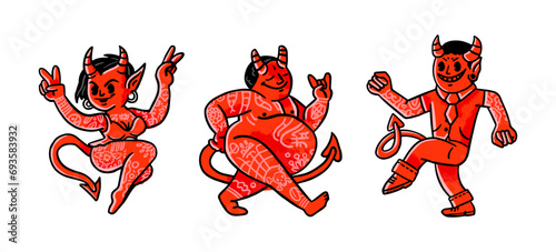 Collection of  red devil in isolated on white background. Set of  demon with tattoo expressing various emotions. Colorful vector illustration in flat cartoon style.