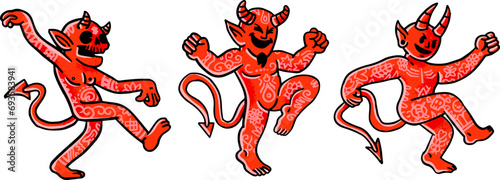 Collection of  red devil in isolated on white background. Set of  demon with tattoo expressing various emotions. Colorful vector illustration in flat cartoon style.