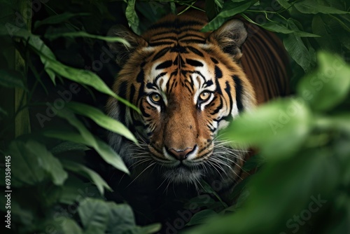 Close-up of Tiger Peering Through Foliage in Natural Habitat © Made360