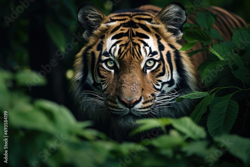 Close-up of a Tiger Peering Through Foliage in a Natural Environment