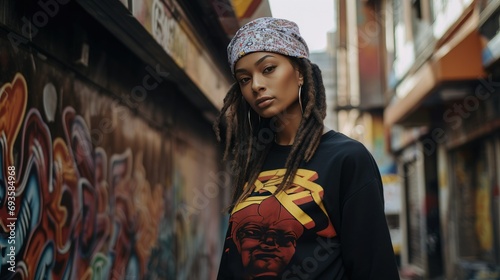 Young African American woman in an urban setting with graffiti
