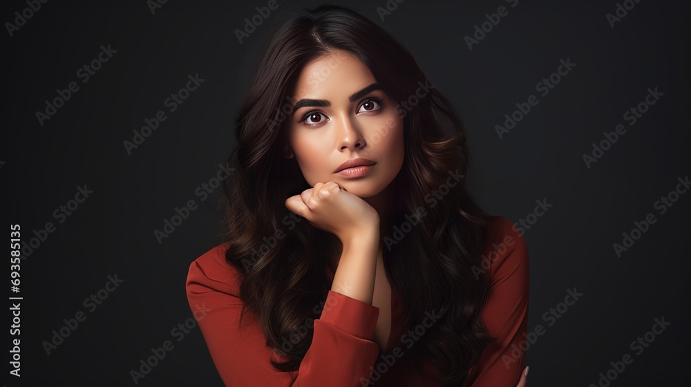 A woman who is focused and focused, with dark hair, keeps fingers crossed. she believes in good luck, hopes for fortune, and longs for her desires to come true. A woman who is focused and focused, with dark hair, keeps fingers crossed. she believes in good luck, hopes for fortune, and longs for her desires to come true.
