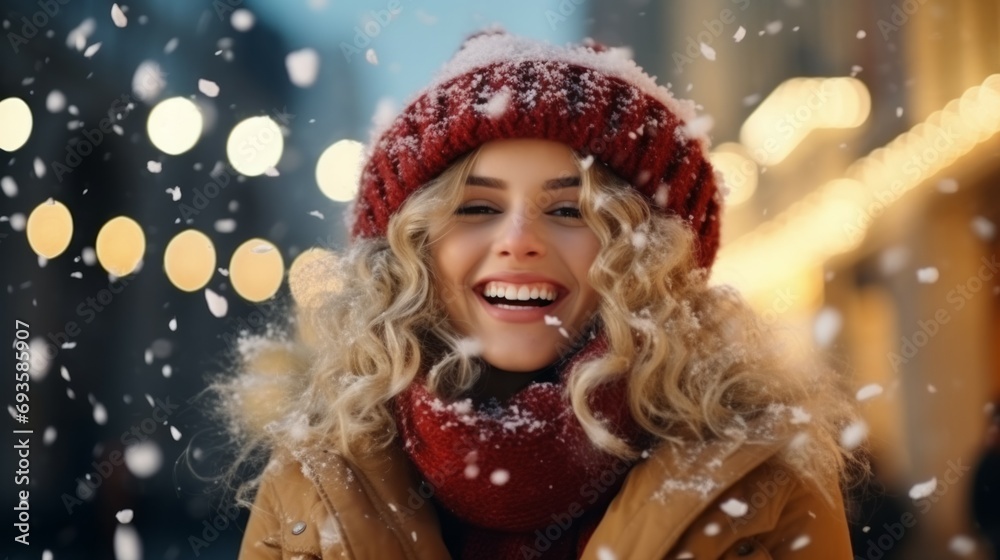 Outdoor close up portrait of young beautiful happy smiling girl wearing white knitted beanie hat, scarf and gloves. Model posing in street. Winter holidays concept. Outdoor close up portrait of young beautiful happy smiling girl wearing white knitted beanie hat, scarf and gloves. Model posing in street. Winter holidays concept.