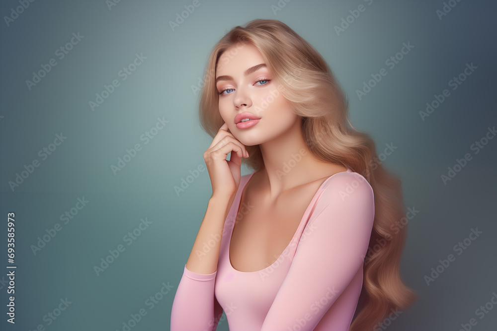 Elegant Young Woman with Soft Wavy Hair Posing in Pink Bodysuit Elegant Young Woman with Soft Wavy Hair Posing in Pink Bodysuit