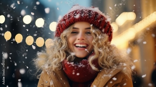 Outdoor close up portrait of young beautiful happy smiling girl wearing white knitted beanie hat, scarf and gloves. Model posing in street. Winter holidays concept. 
