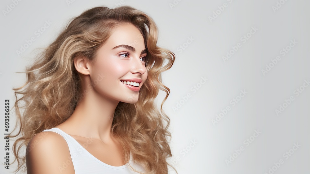 In this portrait, a cheerful young woman stands in profile with her head turned to the camera and a joyful smile on her face. she has white teeth and is standing against a white background.