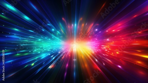 Multicolored light effects creating luminous waves, rays of light, luminous fog, pyrotechnic effects, disco music style