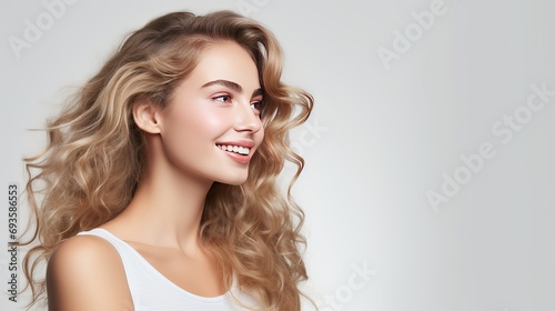In this portrait, a cheerful young woman stands in profile with her head turned to the camera and a joyful smile on her face. she has white teeth and is standing against a white background.