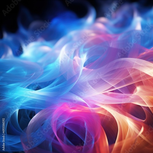Multicolored light effects creating luminous waves, rays of light, luminous fog, pyrotechnic effects, disco music style