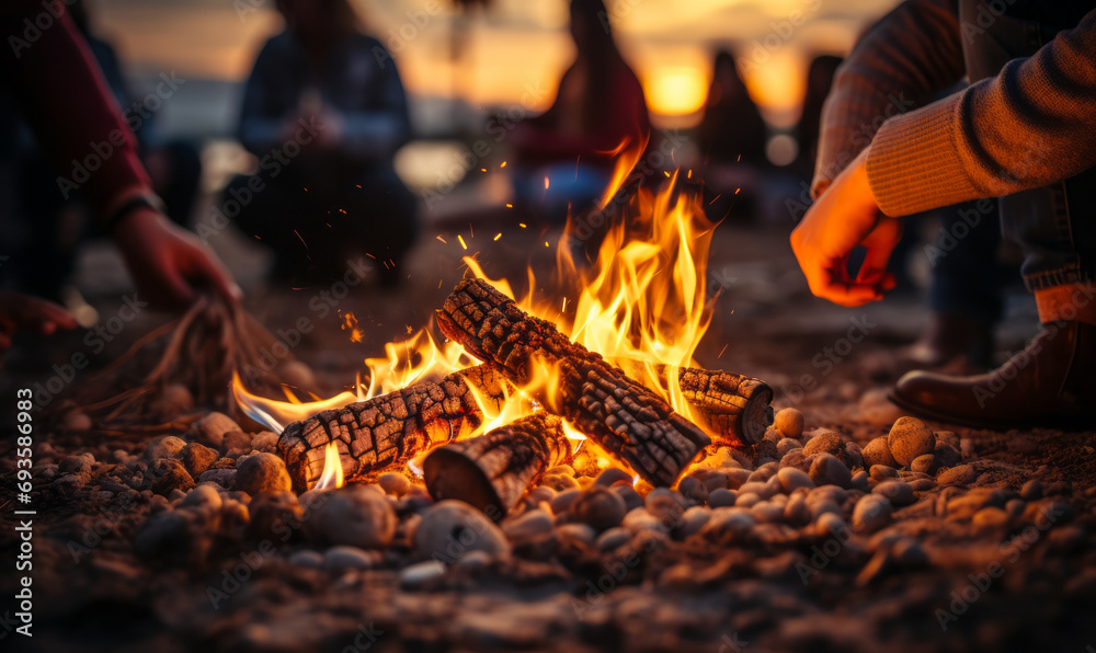 Warm campfire flames burning bright logs on a sandy beach with hands of people toasting marshmallows in the background at dusk - obrazy, fototapety, plakaty 