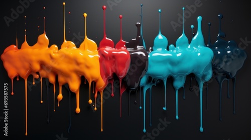 Spots of colored tempera on a black surface, yellow, red, blue, orange tempera photo